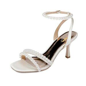 XYD White Pearl Kitten Heel Open Toe Sandals Rhinestone Wedding Shoes